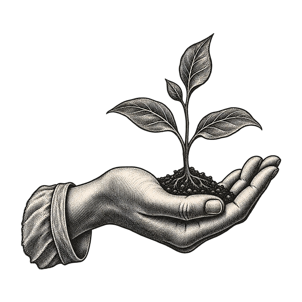 Engraved hand holding a seedling