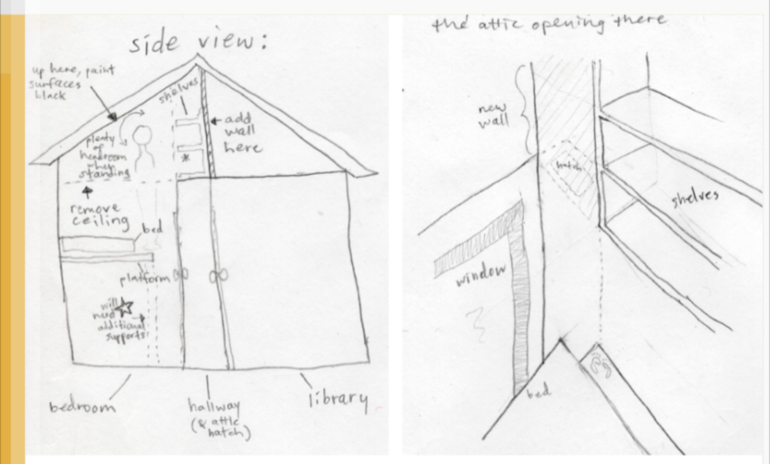 Hand-drawn attic spatial study by Jamie Ramirez